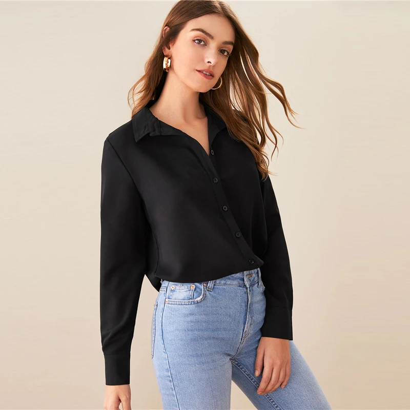 SHEIN черная однотонная Повседневная Блузка с отложным воротником, рубашка, женские топы, Осенние Асимметричные женские блузки с длинным рукавом
