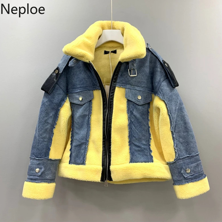 Neploe, овчина, лоскутные, джинсовые парки,, зима, корейский стиль, на молнии, отложной воротник, короткая женская куртка, имитация двух частей, верхняя одежда, 55365