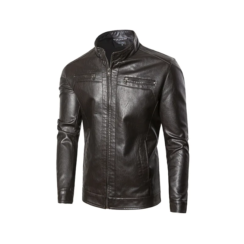Europe And America PU Leather Spring And Autumn Large Size Leather Jacket Solid Color Stand Collar Slim Fit Locomotive Simple Co