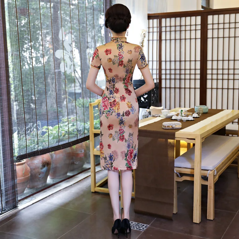 Традиционный цветочный принт для женщин Cheongsam тонкий низкий Сплит летний короткий Qipao винтажный Восточный вечер платье Vestidos