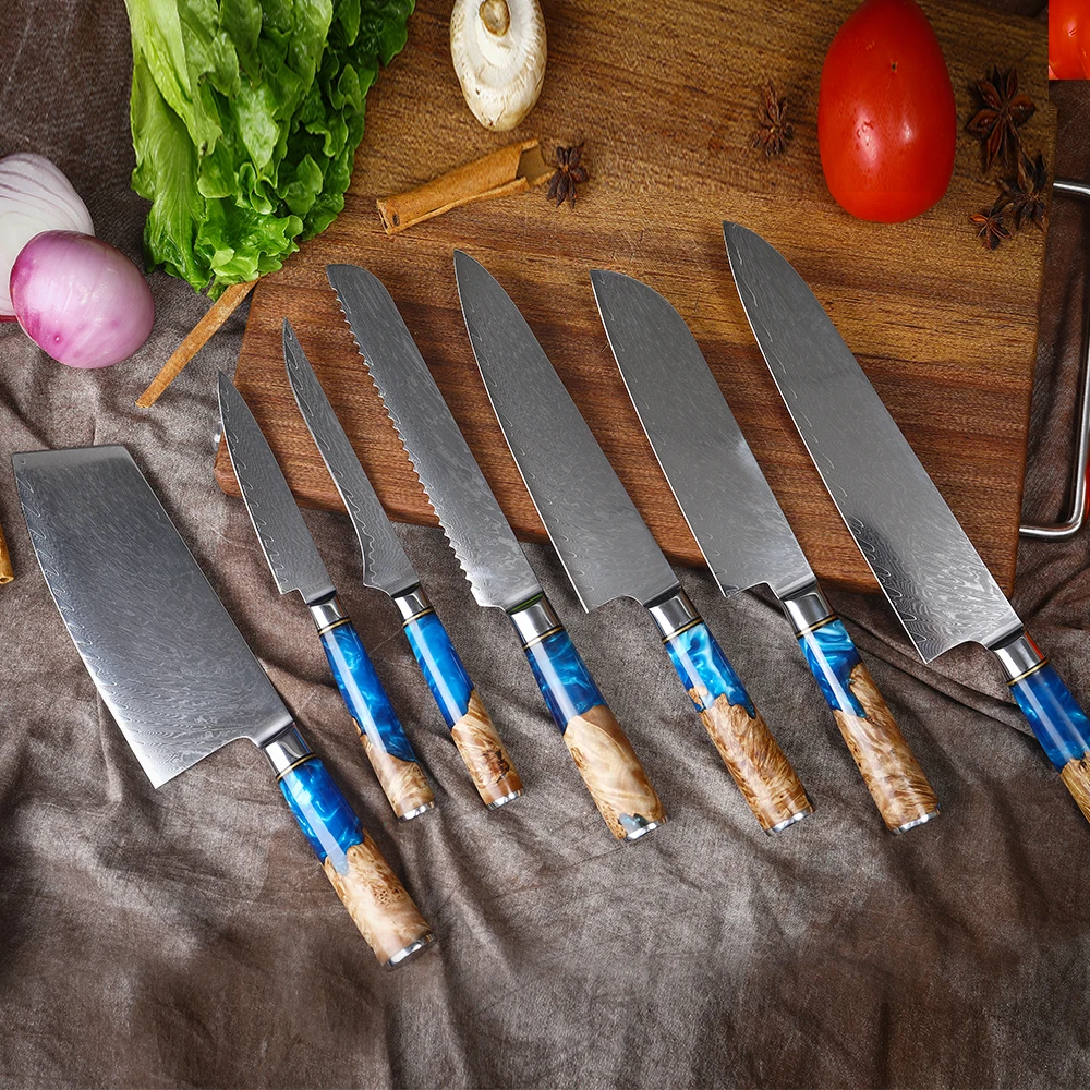 WAK 7PCS Kitchen Set Damascus Steel Chef Knife Cleaver Bread Paring Blue  Resin and Pakka Wood Handle - AliExpress