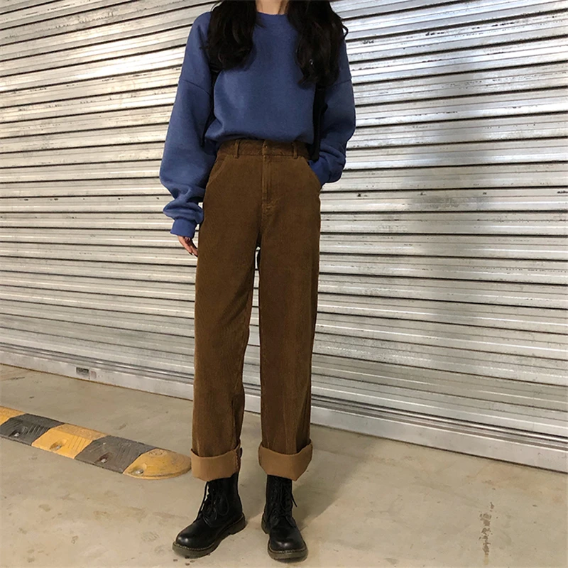 BGTEEVER Vintage High Waist Straight Pants Women Casual Winter Corduroy Pants Female Wide Leg Trousers Women pantalon femme