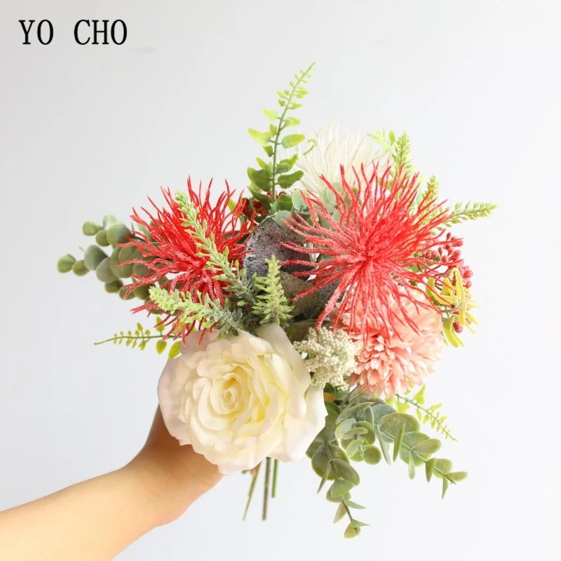 YO CHO красные искусственные цветы с искусственным морским ежом, маленькие, сделай сам, Шелковый цветок, букет невесты для дома, свадебные фальшивые цветы, домашний декор стола
