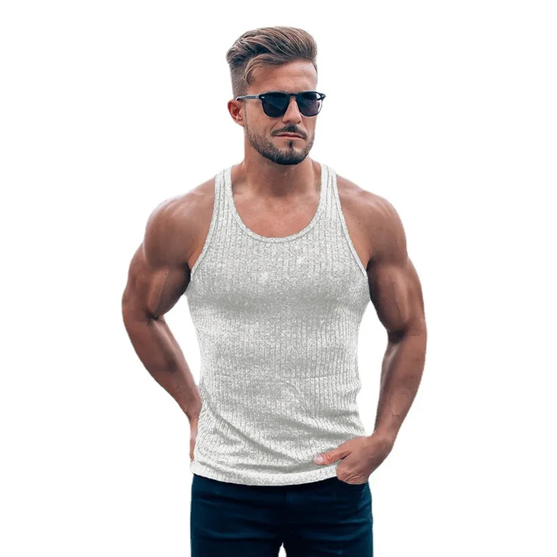 Fitness Sleeveless T Hemd Strick Slim Fit Weste Sport Streifen Gym Stringer Tank Top Männer Solide Mode Singuletts Sommer Kleidung – Detail 22