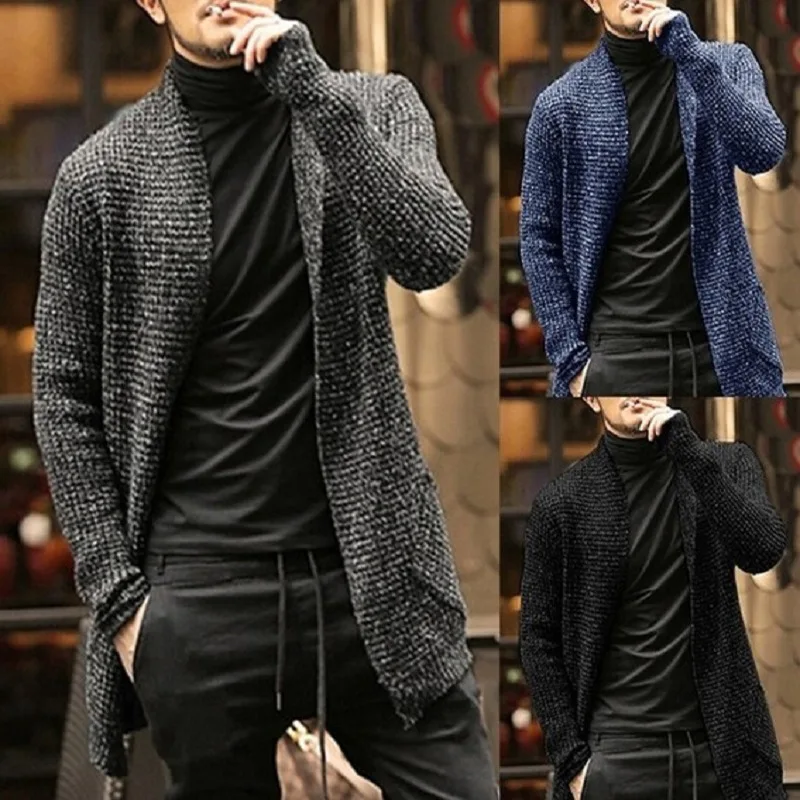 ^Cheap 2020 Men's Sweater Knitted Cardigan X-long Knitted Coat Mens Autumn Sweaters Male Long Style Cardigan Solid Color Sweatercoat