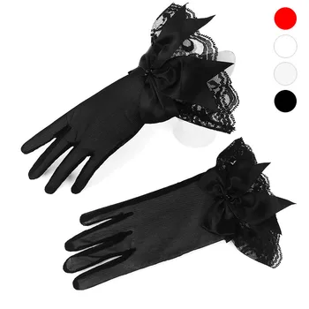 

Gant Femme Lady Banquet Bow Sexy Lace with Wrist Ruffle Bridal Wedding White Gloves Bride Girls Finger Free Black Gloves ST296