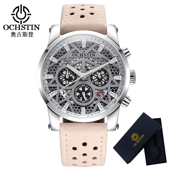 silver gray 2 OCHSTIN мужские модные спортивные наручные часы с хронографом, роскошные брендовые кварцевые часы с кожаным ремешком, мужские часы с датой - Цвет: silver gray 2