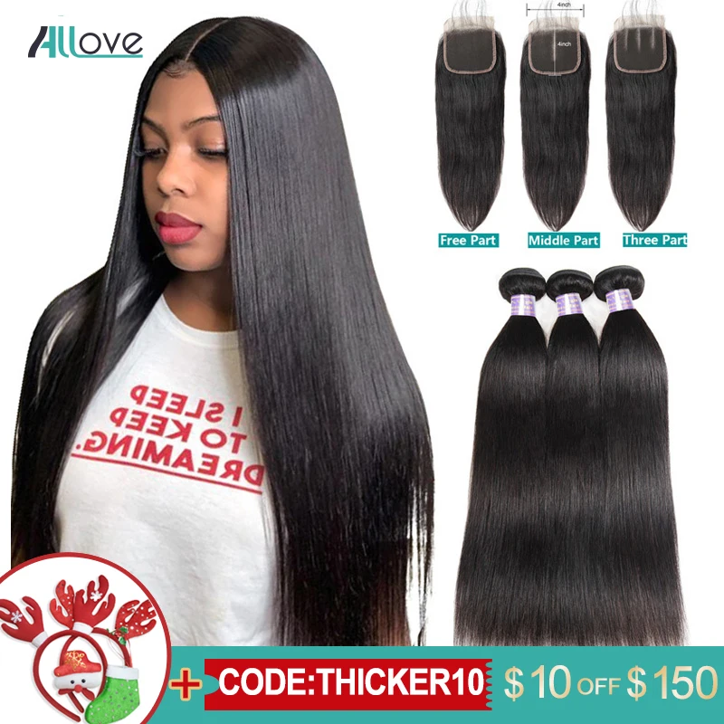 Baratos Pelo peruano recto mechones con cierre cabello humano 3 mechones con cierre no Remy Allove pelo mechones y cierre