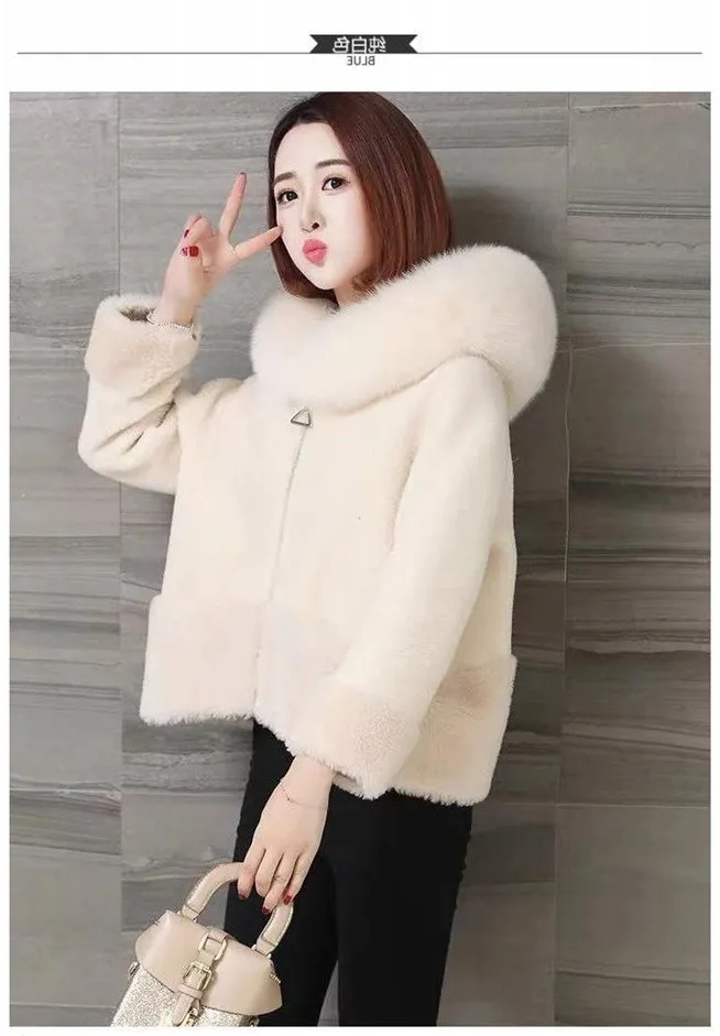 women's clothing winter outerwear coats new winter coat fox fur collar sheep shearing particles 1018 - Color: milky