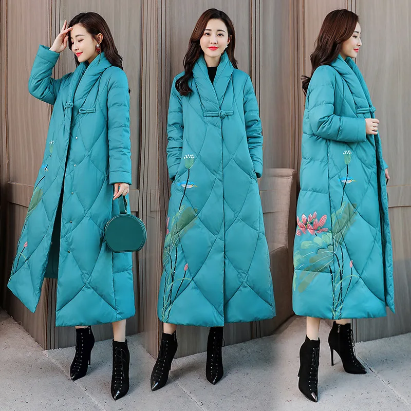 Winter Hidden Button Hooded Solid Color Casual Long Sleeve Mid-length Cotton Coat