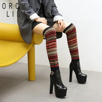 

ORCHA LISA Winter Warm knitting Mixed color Over-the-Knee boots Platform 16cm Thin heel Buckle Big size 33-46 Casual C1975