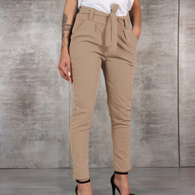 

Women's Slim Pants Autumn Winter Work Party Holiday Solid color Plus Size Bottoms Trousers Ladies Long Pants with Belt&Pockets