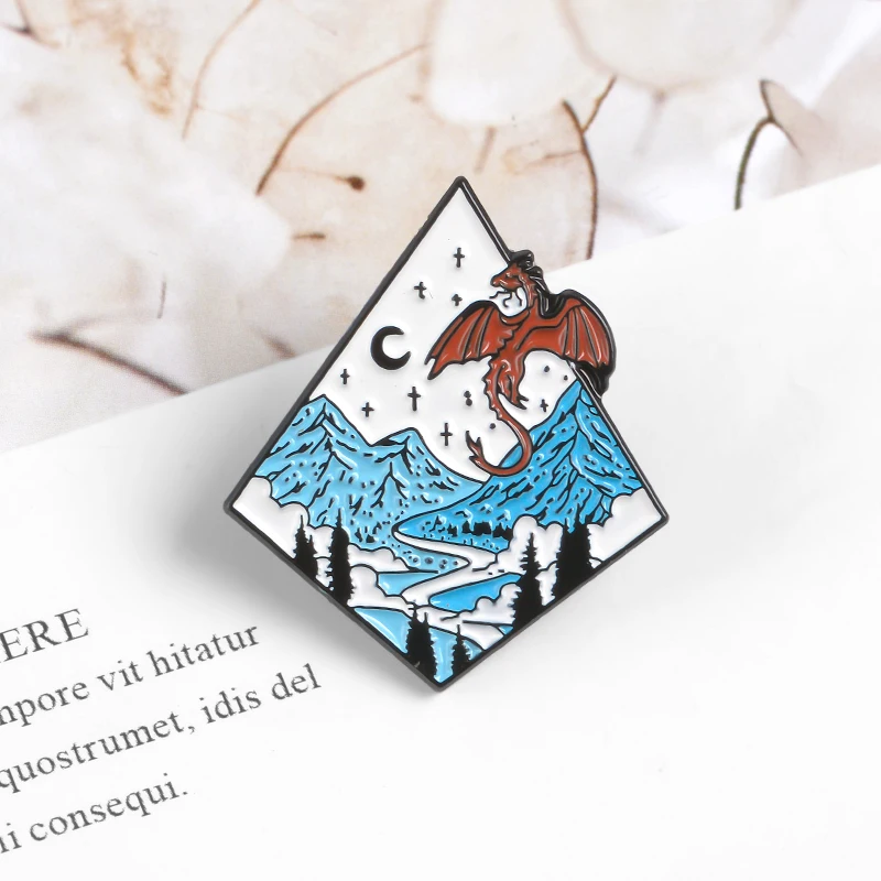 QIHE JEWELRY Nature Night Views Pins Dragon Brooches Enamel pins Stat Mountain River Badges Jewelry Gift for Friends