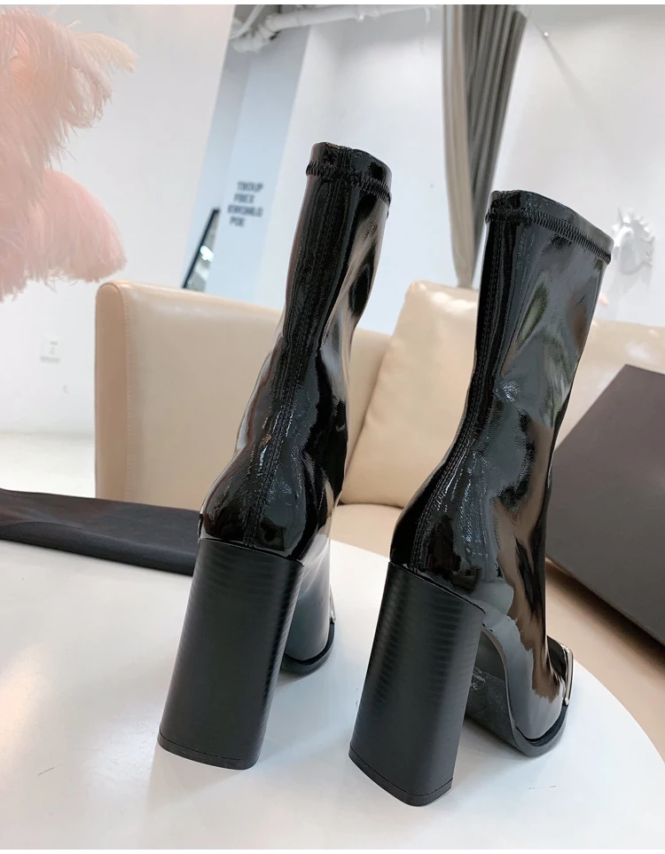 Stretch Mid-Calf Boots For Women 10cm Chunky High Heels Shoes Fashion Metal Square Toe Party Patent Leather Boots