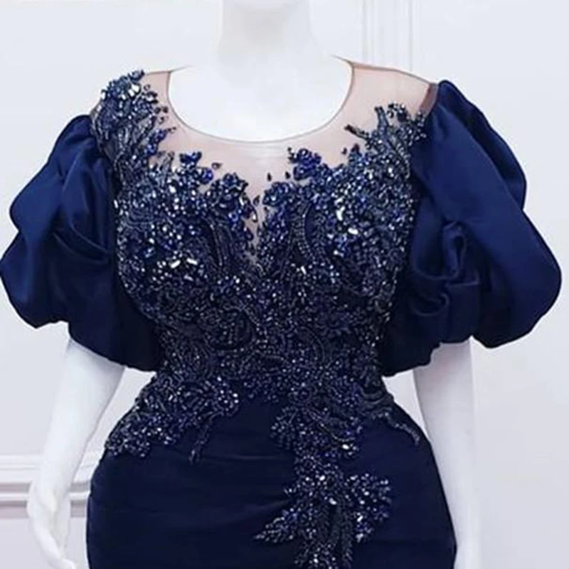 Navy Blue Prom Dresses Puffy Mouwen Sheer Hals Kralen Appliques Plus Size Avondjurk Mermaid Formele Gowns Robes De Soiree