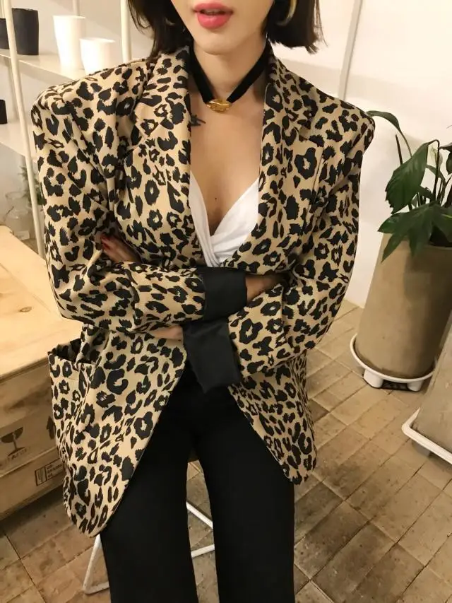 Южная Корея Dongdaemun Leopord шаблон Элегантный Приталенный крутой костюм куртка мода
