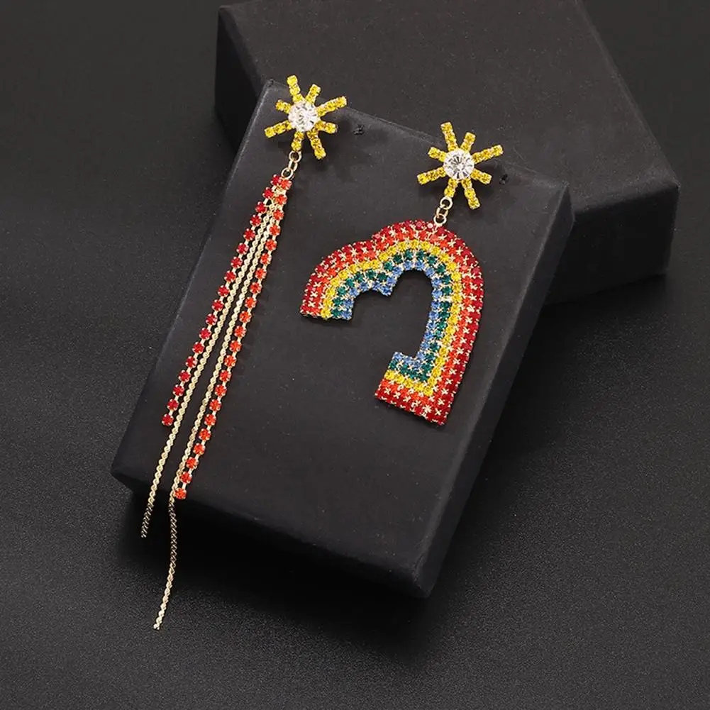 Minimalist Lady Rainbow Rhinestone Half Heart Long Tassel Drop Asymmetric Ear Stud Earrings Geometric Stud Earrings for Women Gi