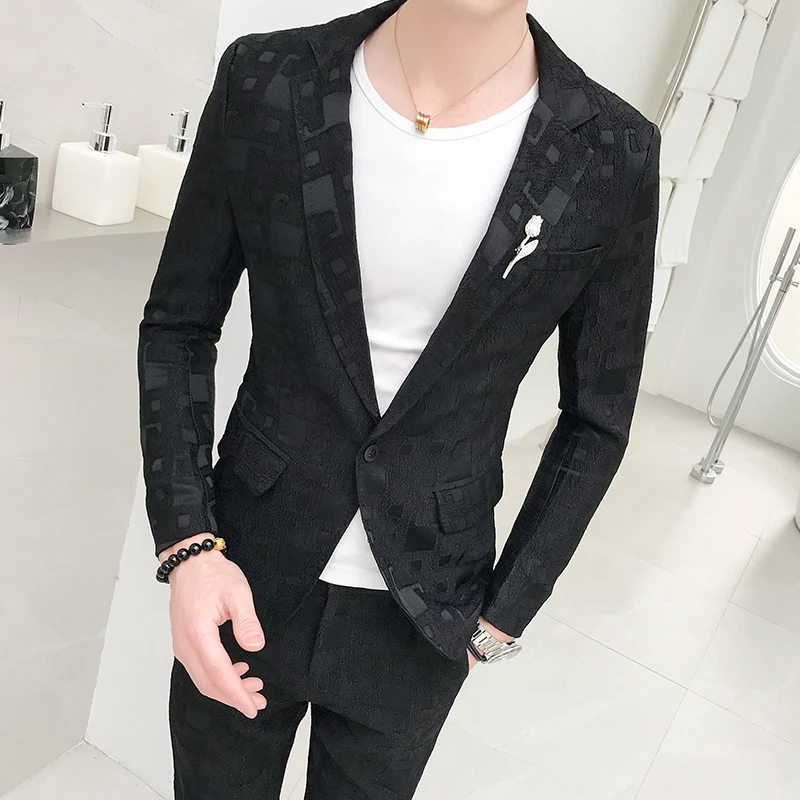 Blazer+pants) Men's Jacquard Slim Business Banquet High-grade Suits Fashion Groom Wedding Luxury Formal Suit Two-piece