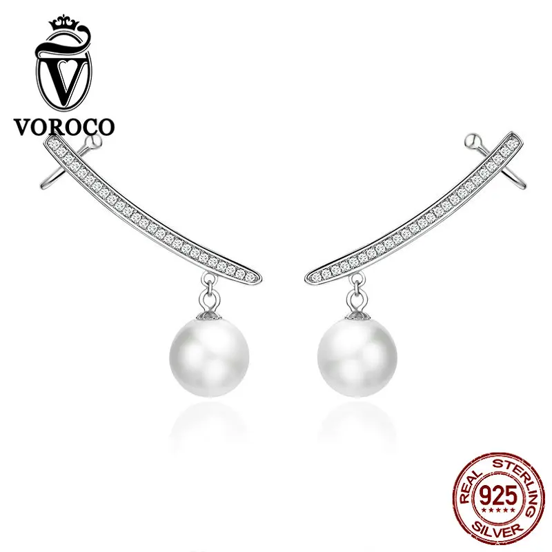 Voroco настоящий 925 пробы, серебряные серьги-гвоздики, длинные серьги с жемчугом, прозрачные CZ свадебные ювелирные изделия для помолвки, отличные серьги BNE299
