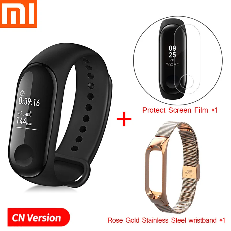 Add Steel Strap Xiaomi mi-браслет 3 Смарт-Браслет фитнес-браслет PK mi Band 4 большой сенсорный экран oled-сообщение частота сердечных сокращений Smartband - Цвет: Add Steel Strap