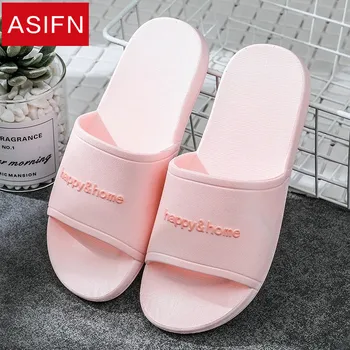 

ASIFN Women Summer Slippers Solid Color Letter Couple Men Slides Soft Bottom Home Non-Slip PVC Indoor Bathroom Chaussures Femme