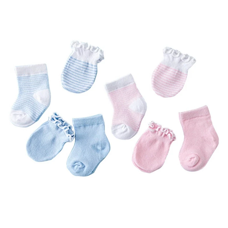 4 Pairs/Set Newborn Warm Baby Socks Anti Scratch Cotton Soft Gloves Sets Solid Color Boys Girls Mittens Suits 0-6M