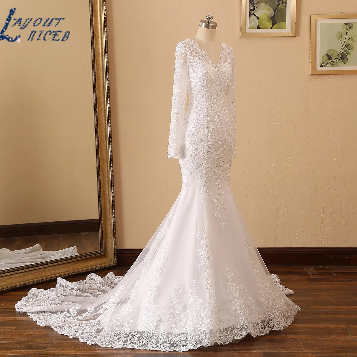Mermaid Wedding Dresses Long Sleeves V Neck Beading Lace Applique Bride Gown wedding dresses