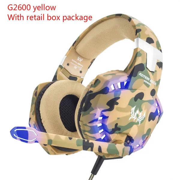 Yellow box pacakge Игровые наушники KOTION EACH G2600 камуфляжная Проводная игровая гарнитура наушники Mic светодиодный свет для ПК ноутбука PS4/Xbox - Цвет: Yellow box pacakge