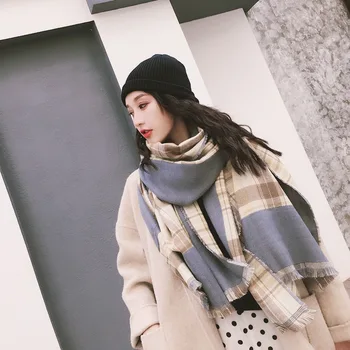 

2019 Autumn and Winter Scarf Colorblock Large Plaid Cashmere Scarf Shawl Pashmina Thick Warm Women Bib