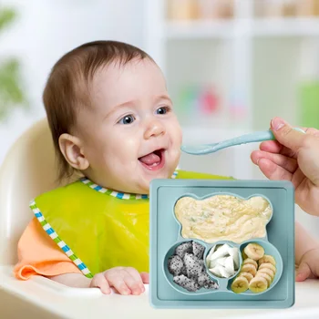 

1set Bear Shaped Baby Plate Spoon Set Feeding Food Tableware Kids Suction Dishes Waterproof Eating Dinnerware Anti-hot