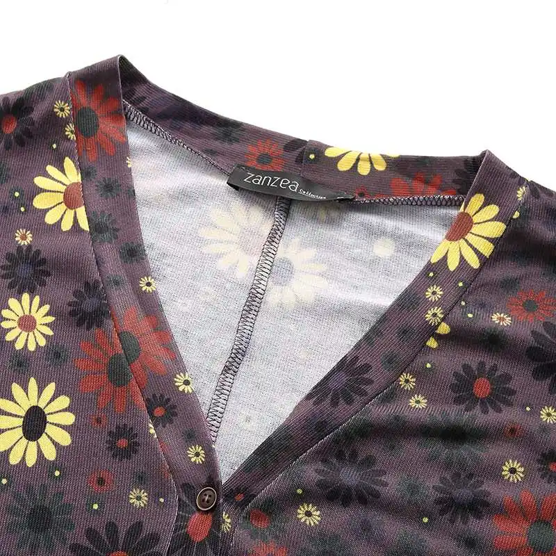 Blusas Top ZANZEA, Весенняя Повседневная Туника, топы, винтажные рубашки с v-образным вырезом, Vestido, женская блузка с длинным рукавом и цветочным принтом, Женская сорочка