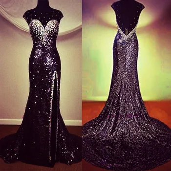 

Sparky Black Sequined Long Evening Dresses Crystals Split Side Mermaid Brush Train 2020 Prom Party Dress Women abiye gece elbise