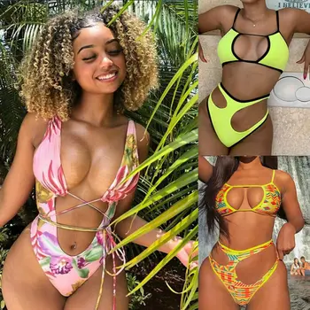 

2020 Women Sexy Cut Out Lace Up Bikini Floral Printed Beachwear Bathing Suits