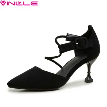 

VINLLE 2020 Fashion Thin High Heel PU Leather Ladies Shoes Sexy Pointed Toe Spring Summer Buckle Women Pumps Big Size 34-43