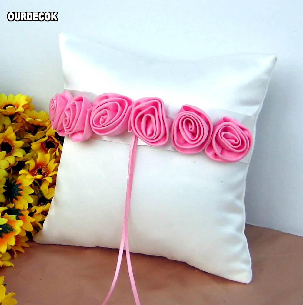 4Pcs/set Red/pink Rose Decor Wedding Satin Ring Pillow &Flower Basket&Guest Book&Pen Set for Bridal Decoration Product Supplies