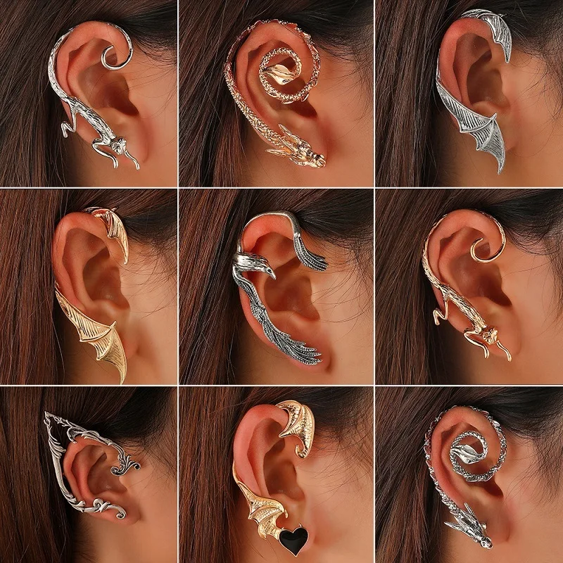 Vintage Dragon Ear Warp Earring 2022 Gothic Punk Rock Metal Cat Eagle Elf Clip Bite Cuff Earrings For Women | Украшения и