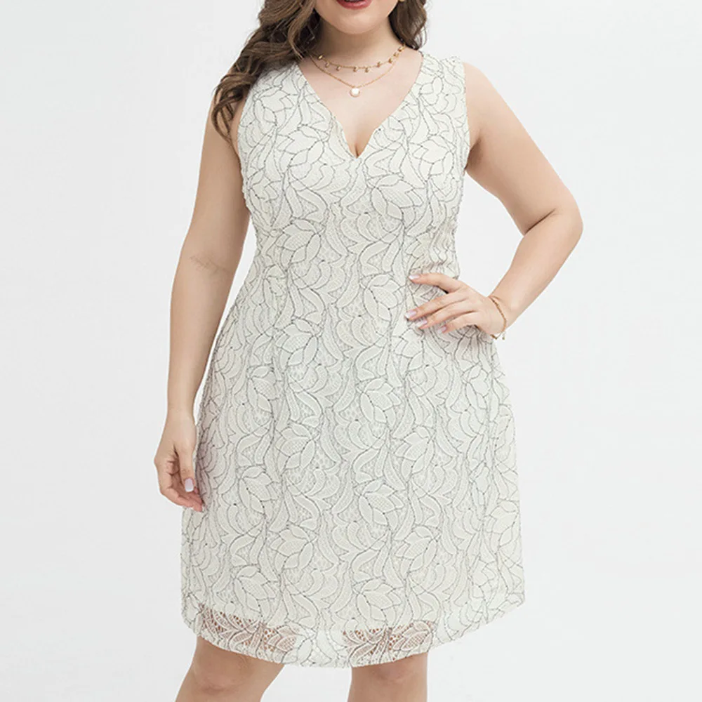 

White Plus Size Women Lace Dress Sexy Sleeveless Midi Summer Dresses Elegant Loose Flowers Home Sundress V-Neck Beach Vestidos