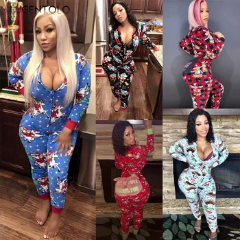 

Lugentolo Women Jumpsuit Autumn Winter Christmas Santa Claus Print Zippet New Sexy Slim Fit Elk Lady Long Sleeve Jumpsuits