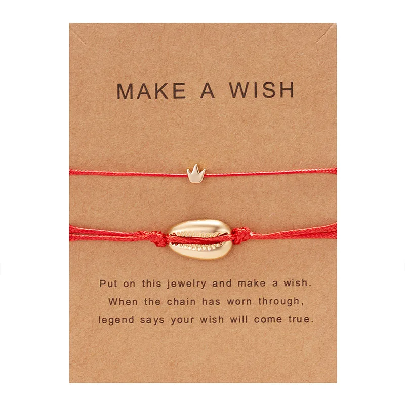 2pcs shell crown 2 шт./компл. Wish Card Парные браслеты Регулируемые красные веревки плетеные золотые короны Сердце Звезда Крест браслет дружбы ювелирные изделия - Окраска металла: 2pcs shell crown