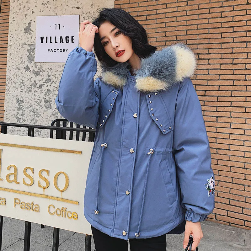 Зимняя женская куртка большого размера 3XL Женская парка с меховым воротником и капюшоном осеннее плотное пальто из хлопка с большим карманом - Цвет: Синий