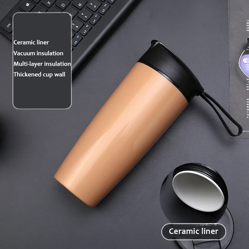 JOUDOO Ceramic Water Thermoses Bottle Solid Leakproof Tea Mug Bottle Double Layer Design Car Insulated Coffee Water Vacuum Flask - Color: Gold