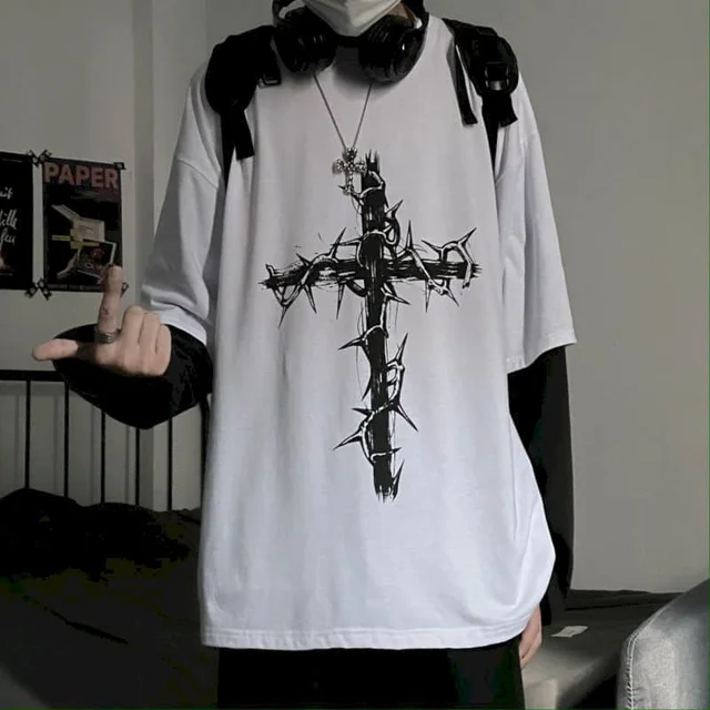 T-shirt Cross of Thorns fake two-piece for men women long-sleeved dark hip-hop loose large size autumn new trend top Simplicity Cross white
