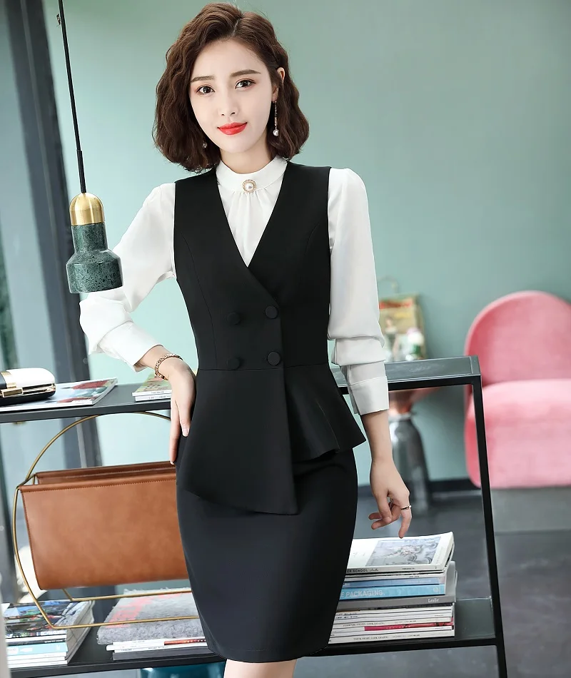black vest skirt Женские костюмы, тонкий летний жилет и юбка, комплект из 2 предметов, деловой женский костюм с юбкой, Женский комплект, костюмы A76 - Цвет: black vest skirt