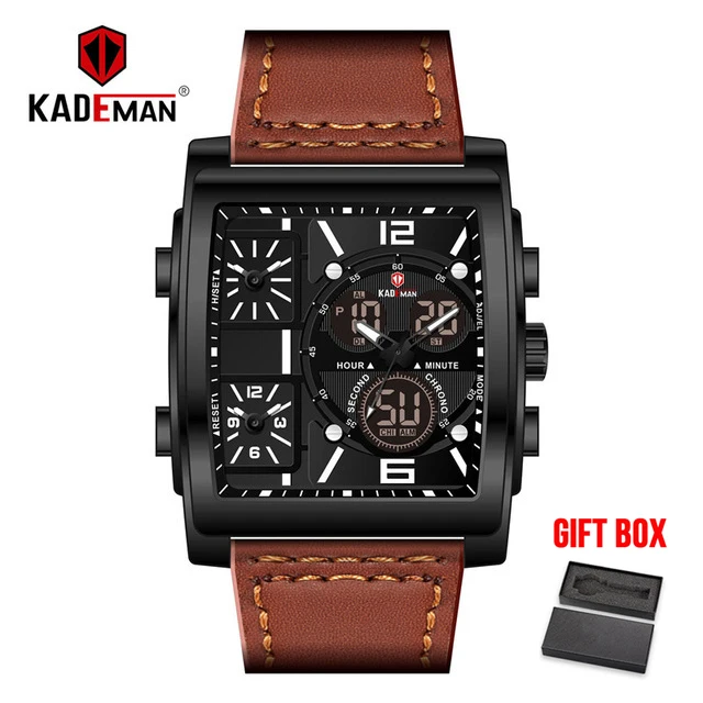 KADEMAN Men Watches Sport Military Square Quartz Watch Waterproof Male 3 Time Zones Display Digital Wristwatch Relogio Masculino - Цвет: kakhi