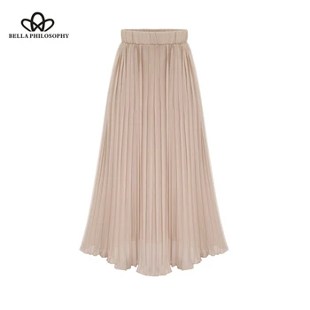 

Luck A 2020 Women Fashion Euro Style Pleated Mid-calf Skirt Ladies Chiffon Solid Skirts Female Elastic Waist Skirts