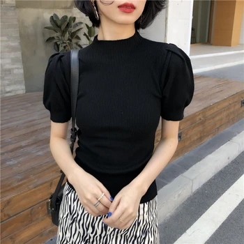 

New 2020 Spring Elegant Women Sweaters Turtleneck Knitting Bottoming Short SweaSolid Puff Sleeve Simple Office Lady Tops