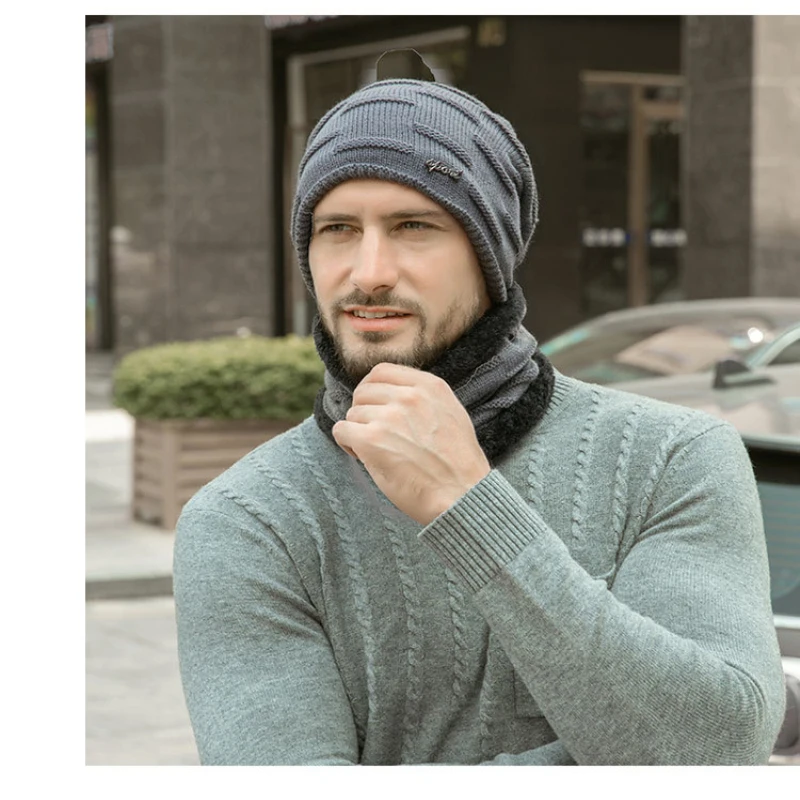HT2679 зимний комплект толстые теплые зимние шапки для мужчин ветрозащитный флис внутри мужская шапка шарф набор мужской вязаный бини зимний аксессуар