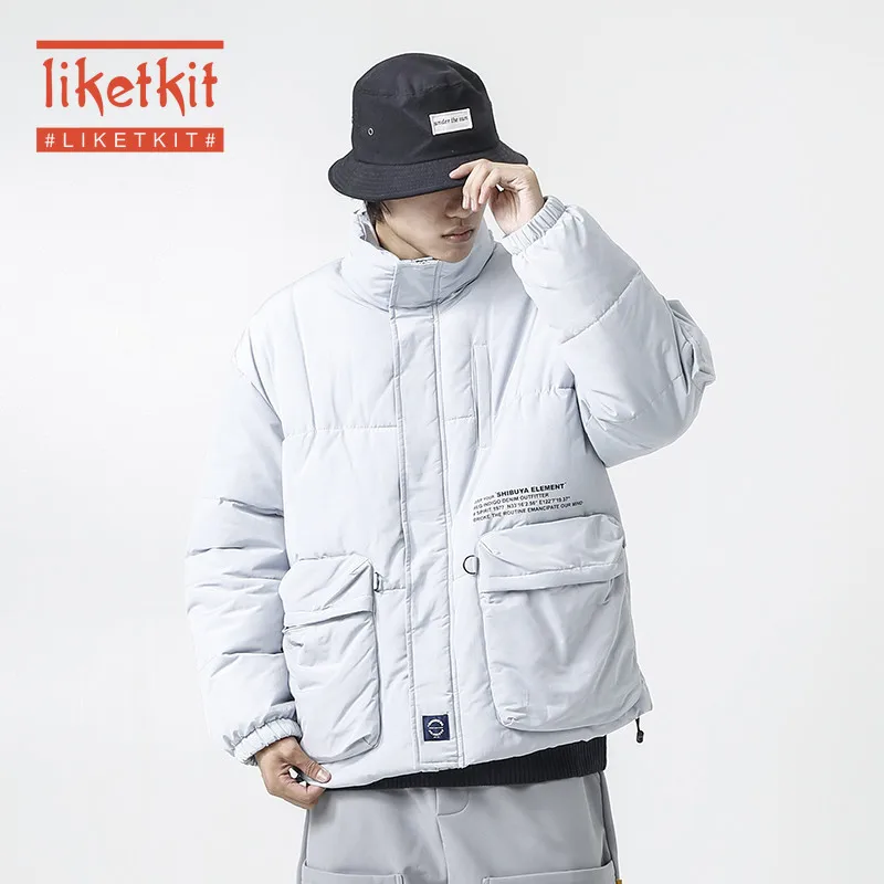 Liketkit мужские зимние парки Мужская однотонная хлопковая куртка со стоячим воротником и карманами Мужская японская негабаритная Военная теплая ветровка