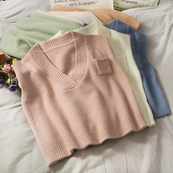

OUMEA Autumn Winter Women Knitting Sweater Vest V Neck Sleevelss Pocket Crop Pullover Casual Vest England Style Vintage Vest