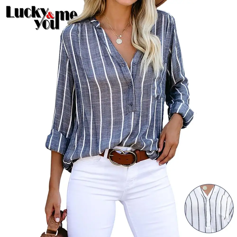

New Arrive 2020 Womens Spring Summer Autumn Vertical Striped Casual Loose Shirt Female V-neck Long Sleeve Shirt Pullover Shirts